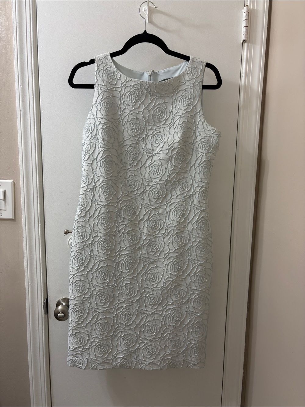 Sleeveless Embossed Floral White Shift Dress with Silver Detailing